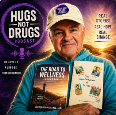 John Forlenza-Bailey author image with Hugs Not Drugs Podcast branding and featured books